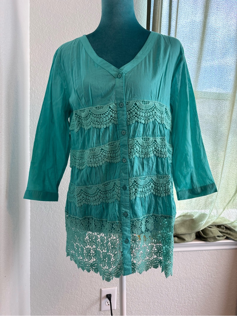 Japna Teal Crochet-Trim Button Down Women's Top
